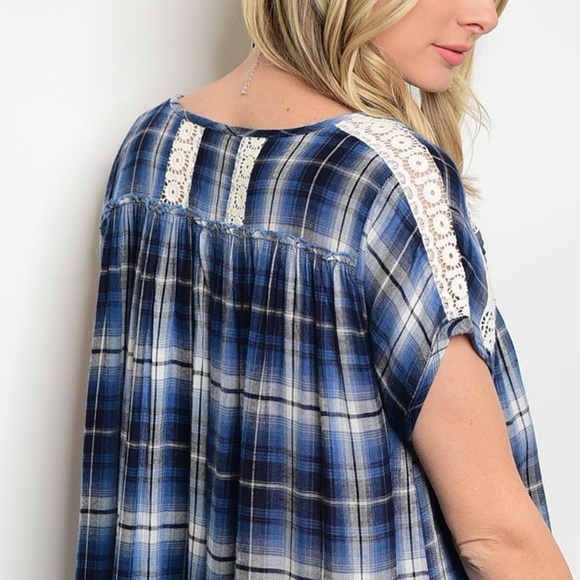 New Plaid Short Sleeve Flowy Casual Tunic Dress - Picture 3 of 6